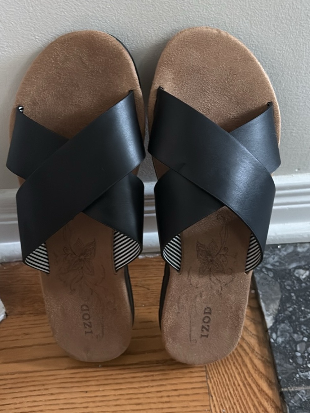 Izod Black Crisscross Slide Sandals with Tan Footbed